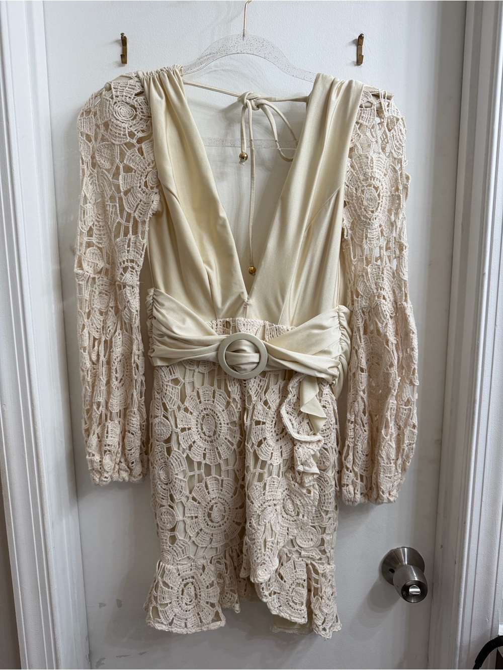Pat Bo Crochet Cream Lace V-Neck Long Sleeve Dress with Belt
